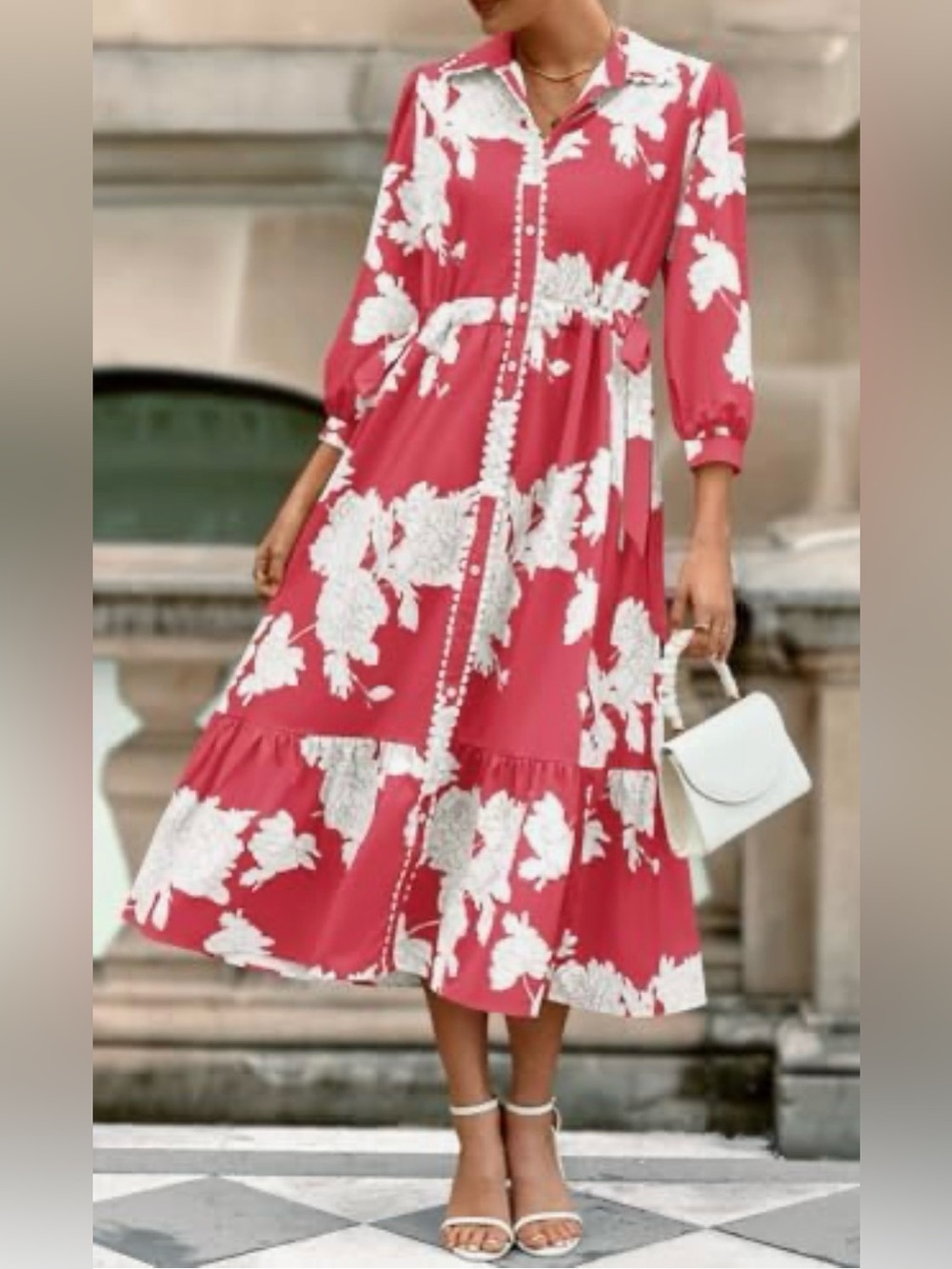 Wenrine Floral Maxi Dress Red White Button Front Tie Waist Long Sleeve Boho
